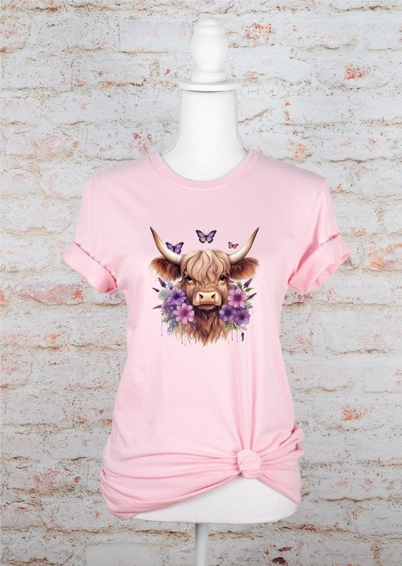 Purple Flowers Baby Highland Cow Graphic Tee